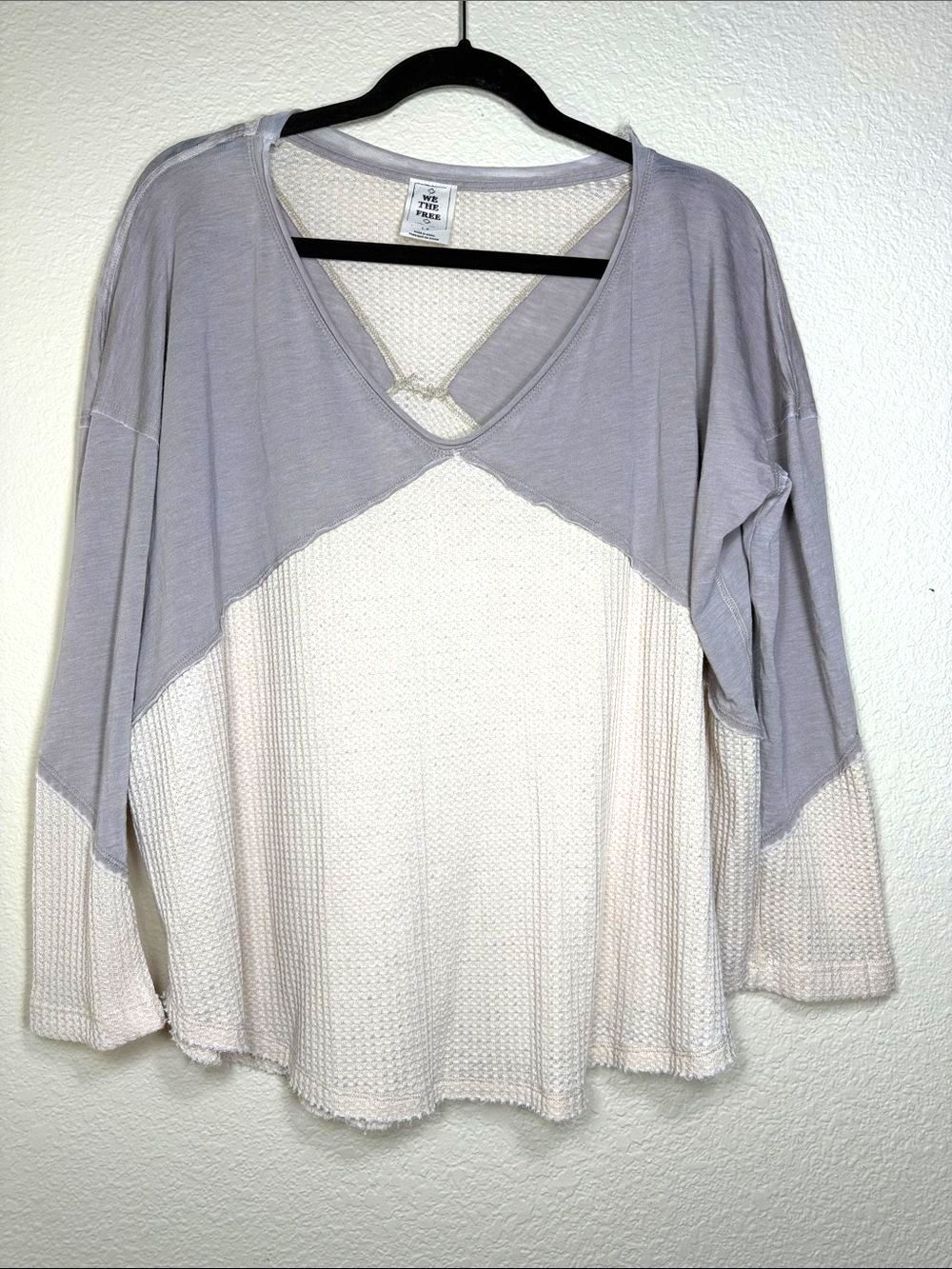 Free People We The Free Boho Ventura Thermal Colorblock Waffle Knit Top Gray L